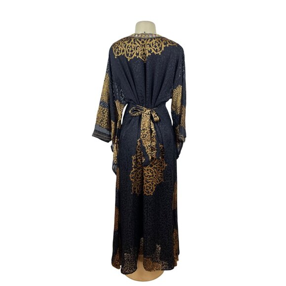 Embellished Black & Gold Kaftan Dress W/ Intricate Beading & Tie-Back Waist Sz M - Picture 3 of 12